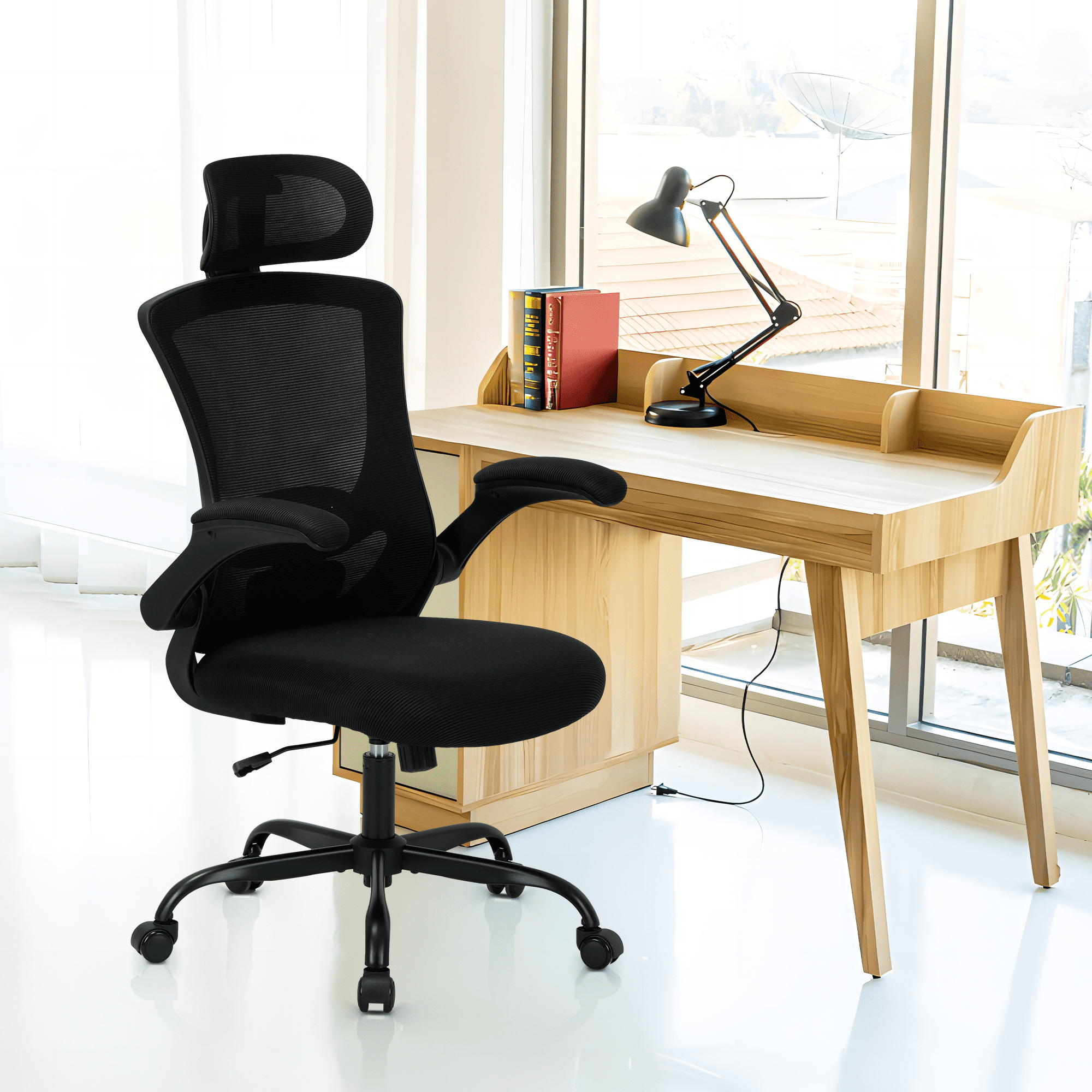 AFO High Back Ergonomic Office Chair, Adjustable Lumbar Support & Headrest Mesh Desk Chair with Flip-Up Arms, 275lbs Heavy Duty Metal Base Computer Task Chair for Home Office, Black