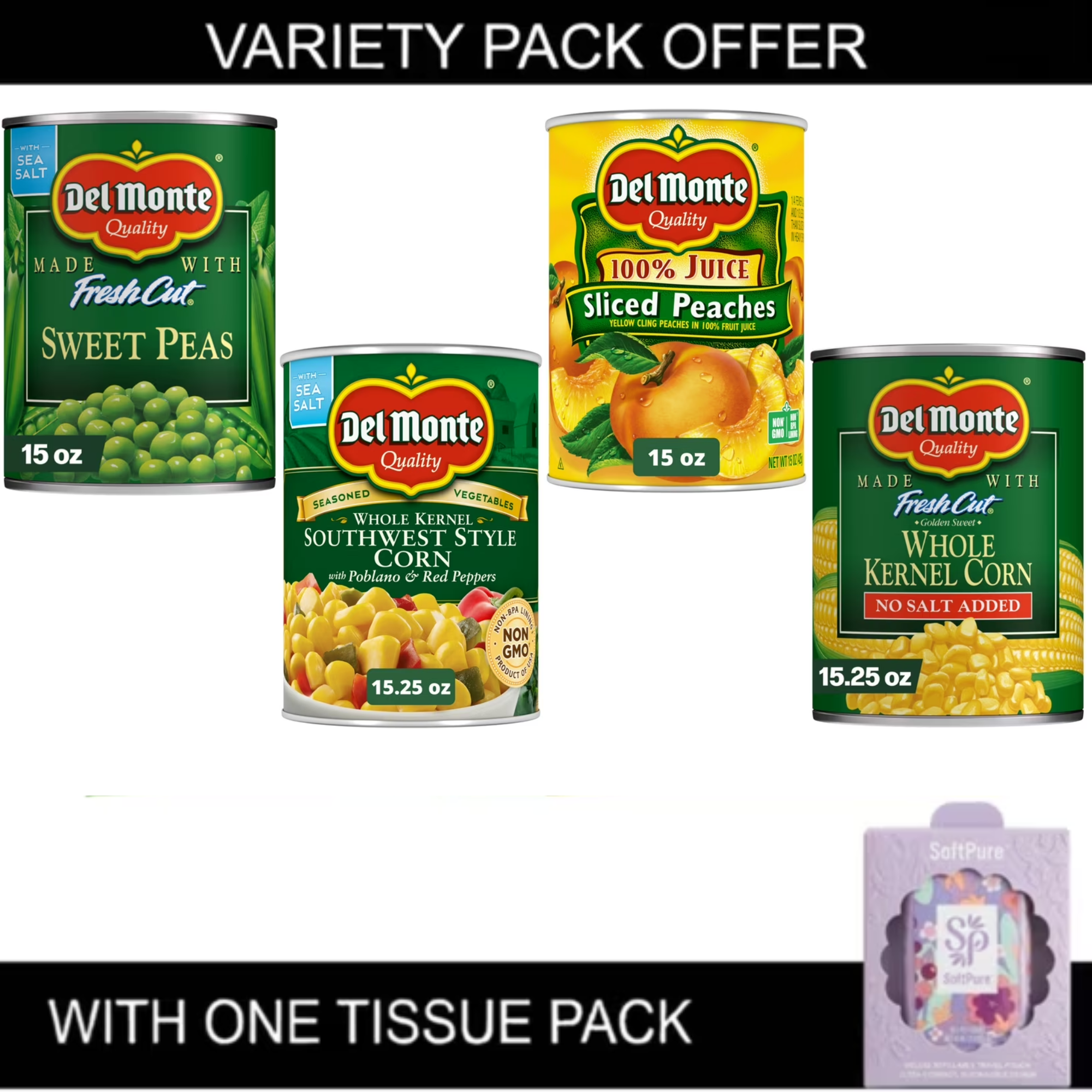 Del Monte Variety Pack – Sweet Peas, Southwest Whole Kernel Corn, Yellow Cling Sliced Peaches & No Salt Added Golden Sweet Whole Kernel Corn, 15–15.25 oz Cans (Includes One Tissue Pack)