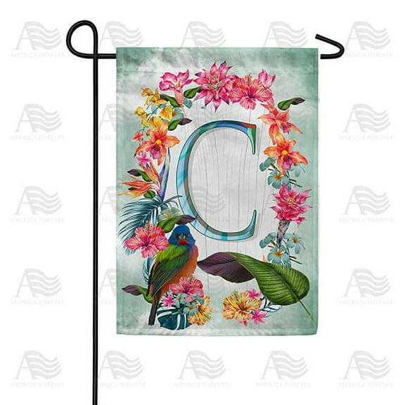 America Forever Summer Floral Wreath Monogram Garden Flag Letter C 12.5 x 18 inches Parrot Macaw Hibiscus Palm Leaves Double Sided Vertical Outdoor Yard Lawn Decorative Tropical Garden Flag