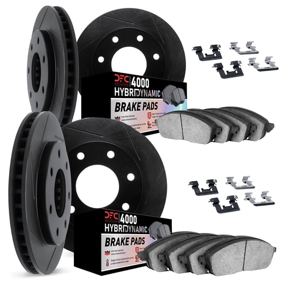 Dynamic Friction Company Front and Rear Brake Rotors Kit Slotted Black | 4000 HybriDynamic Brake Pads includes Hardware 3814-54111