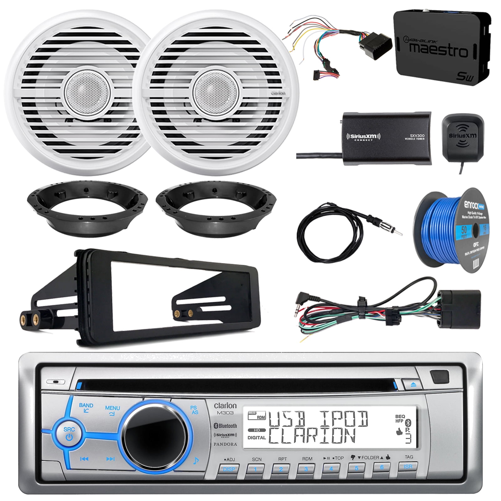 Clarion M303 Radio + Accessories, 6.5" Speakers + Install Parts