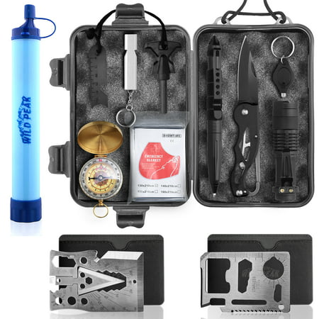 Wild Peak Prepare-1 Survival Tool Kit Bundle with Outdoor 4-Stage Water Filter Emergency Straw and Multi-tool 30+ Function Axe Card...