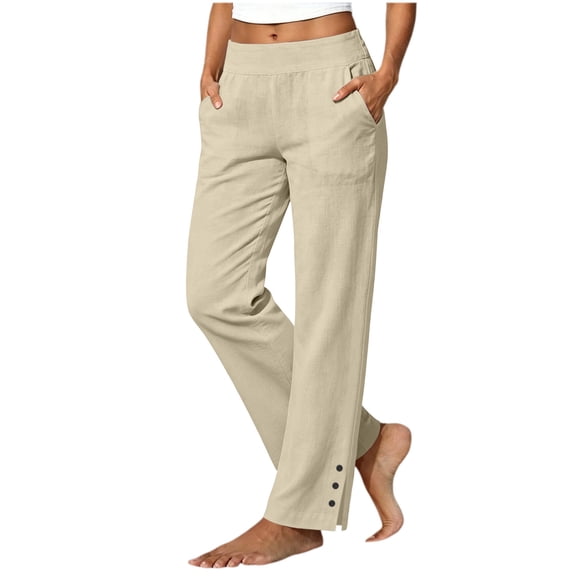 Vhkiploz Wide Leg Linen Trousers for Women's Solid Color High Stretchy Waist Everyday Pants Straight Leg Sweatpants with Side Pockets