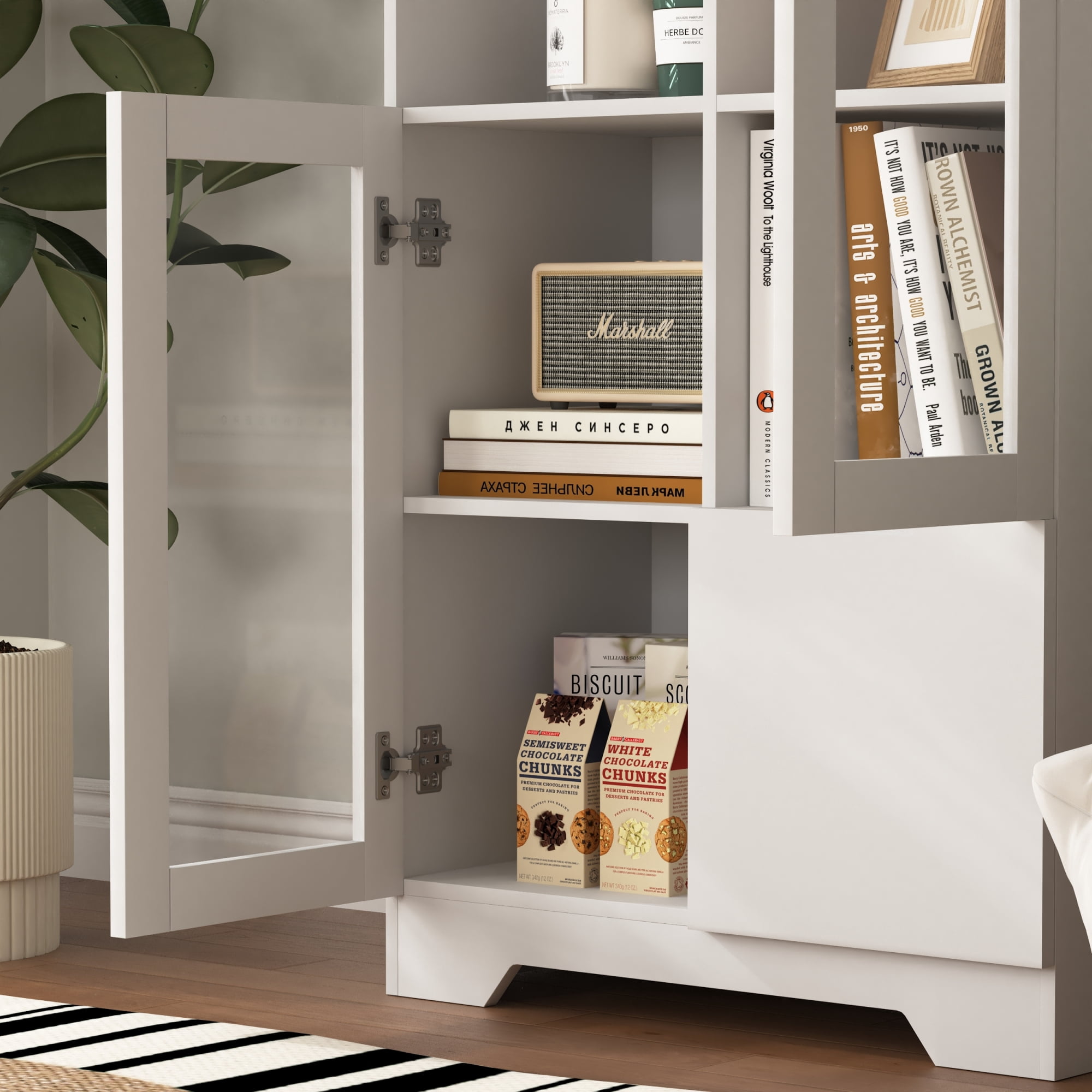 Leumius Sideboard Cabinet with Storage,Buffet Cabinet with Glass Doors & Drawer,Open Storage Cabinet for Living room,White