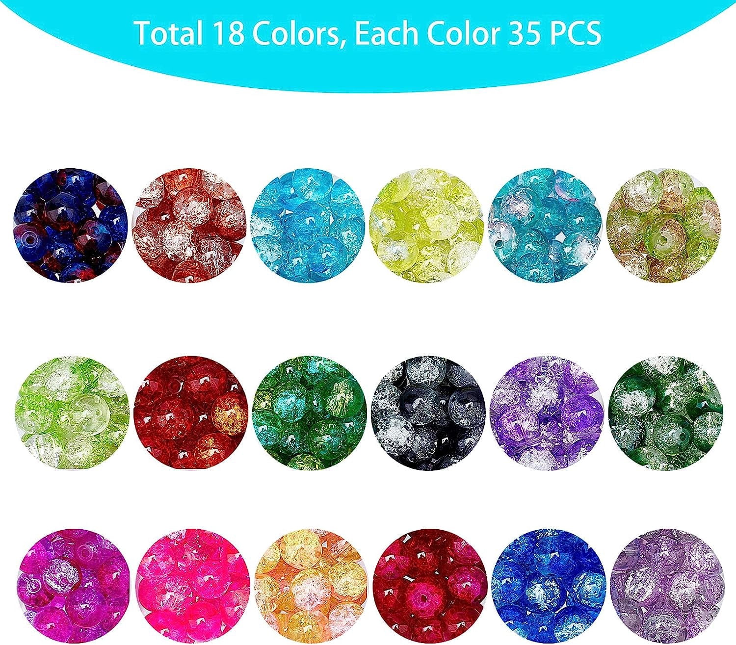PH 8mm Glass Beads 630pcs 18 Colors Beads for Jewelry Making with Scissors Elastic Thread Beading Needles for Christmas Tree Decoration for DIY