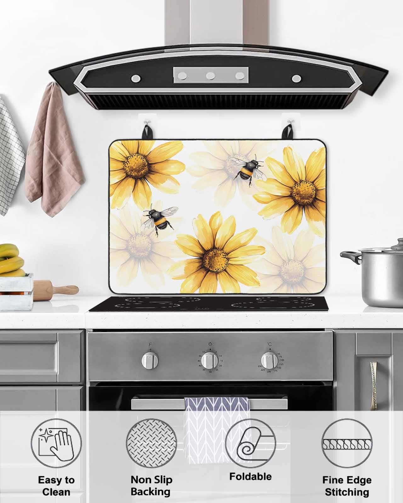 nqOlkjepod Large Induction Cooktop Protector Mat 24"x21", Spring Bees Stove Top Covers for Electric Stove, Sunflower White Vintage Botanical Art Stove Burner Cover Mats, Glass Top Stove Cover