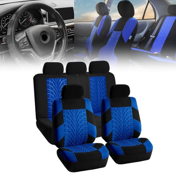 FH Group Blue Car Seat Covers for Car SUV with Gray Leather Steering Cover Complete Set