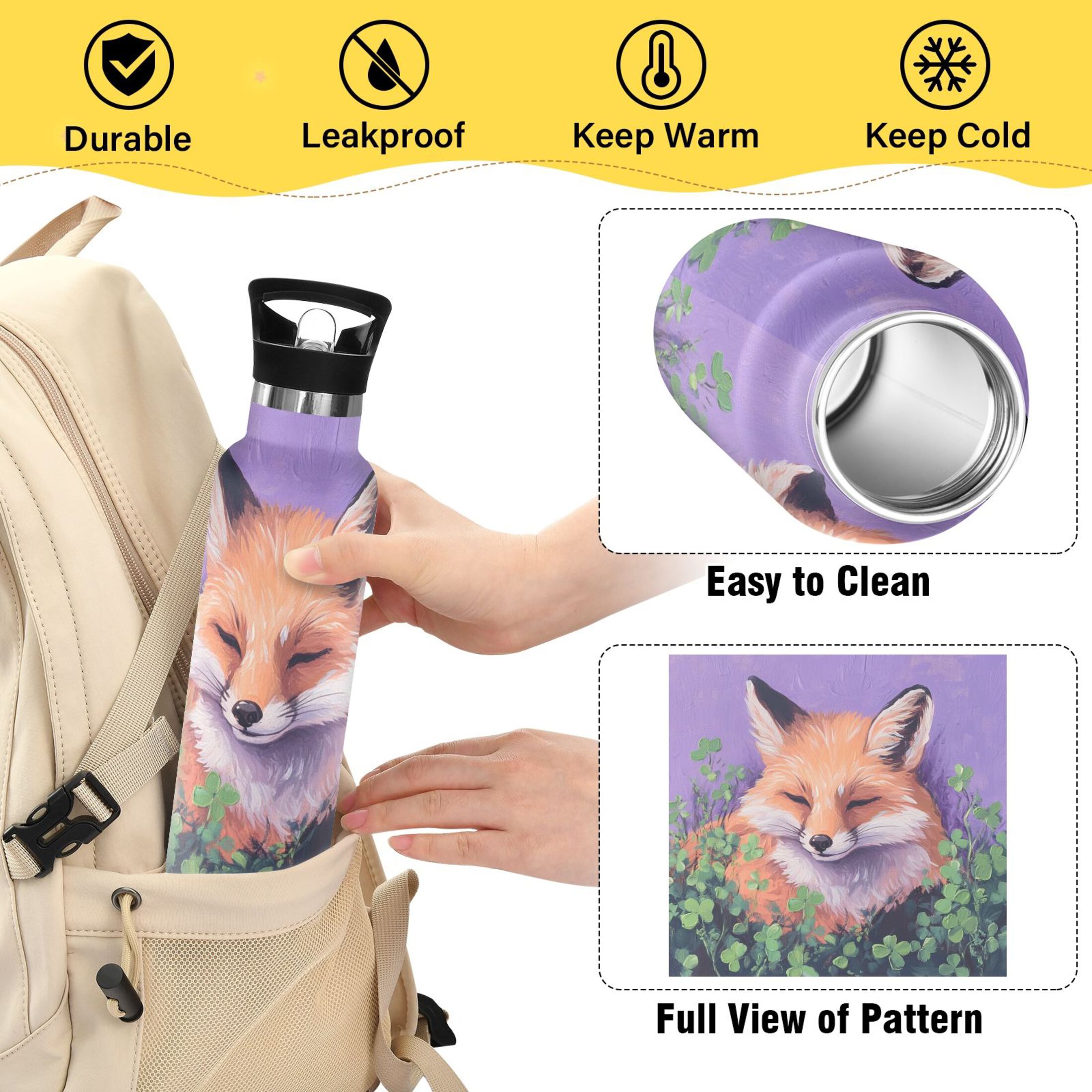 600ML Stainless Steel Insulated Cup Sports Water Bottle Portable Thermos Cup Water Glasses Insulated Tumblers Convenient and Durable Sleeping Fox