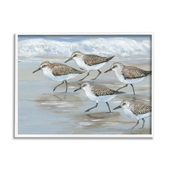 Stupell Industries Sandpiper Bird Flock Marching Beach Coast Waves Paintings White Framed Art Print Wall Art, 20x16, by Tim OToole