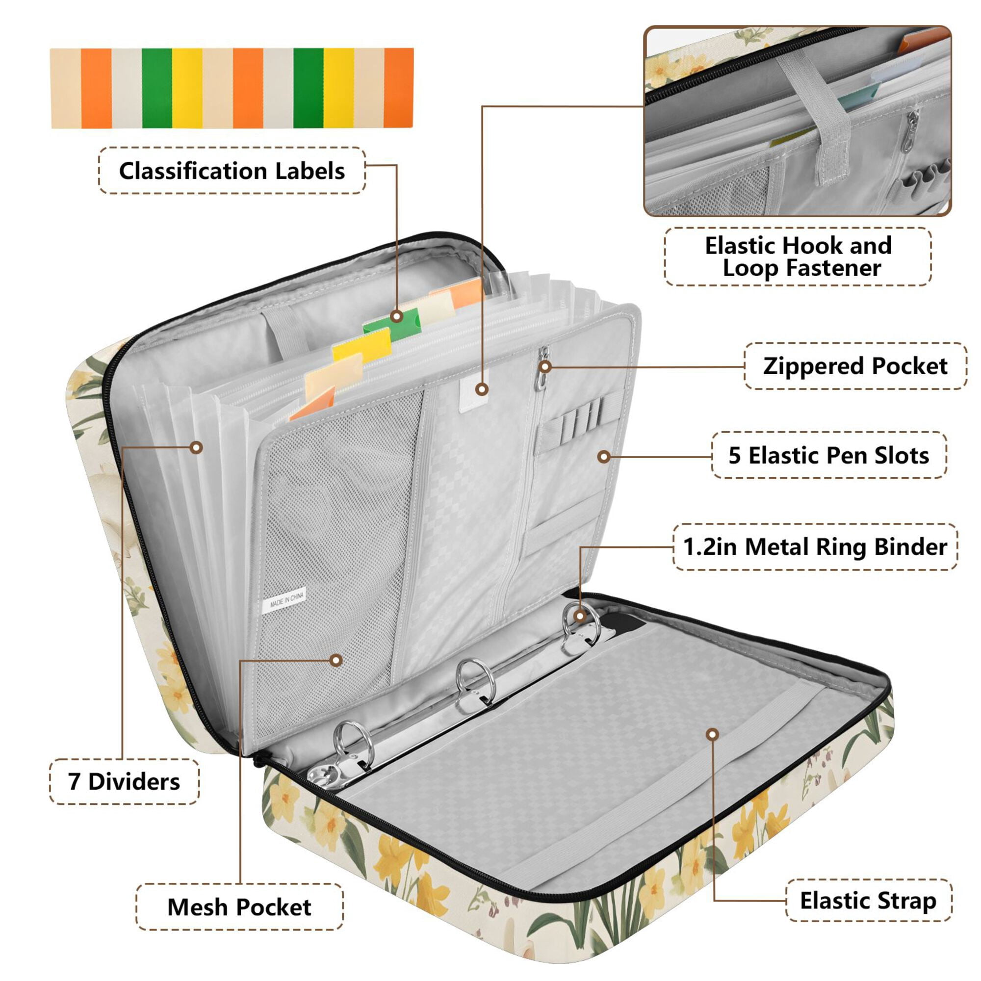 FORMRS Accordion File Folder A4 Size 7-Pocket Expanding Document Organizer Bag with 3 Ring Binder, White Rabbits