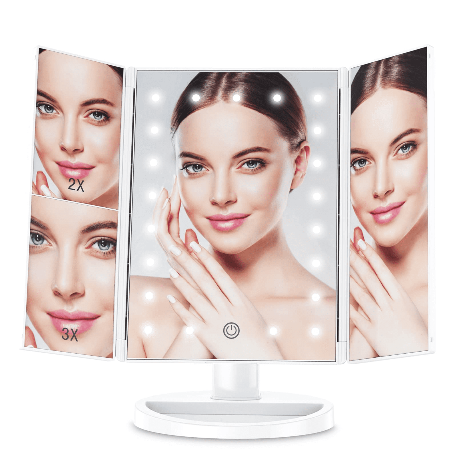 Tri-Fold Lighted Vanity Mirror with 21 LED Lights, Touch Screen and 3X/2X/1X Magnification, Two ...