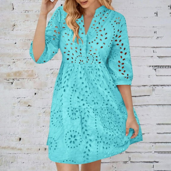 qolati Fall Dresses for Women 2024 Boho Midi Dresses 3/4 Sleeve Eyelet Henley V Neck A-Line Dress Casual Loose Ruffle Swing Beach Dress