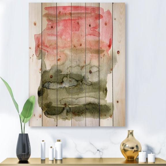 Designart 'Red Pink and Green Abstract Clouds' Modern Print on Natural Pine Wood