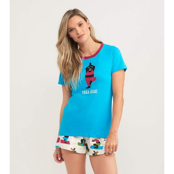 Little Blue House Women's Short Sleeve Pajama Tee, Yoga Bear