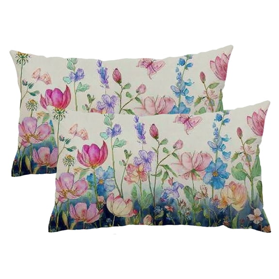 PHYHOO Spring Floral Throw Pillow Covers 12x20 Inch Set of 2 Summer Tulip Lavender Flowers Outdoor Lumbar Cushion Case Decorations for Home Porch Sofa Couch 12x20inch