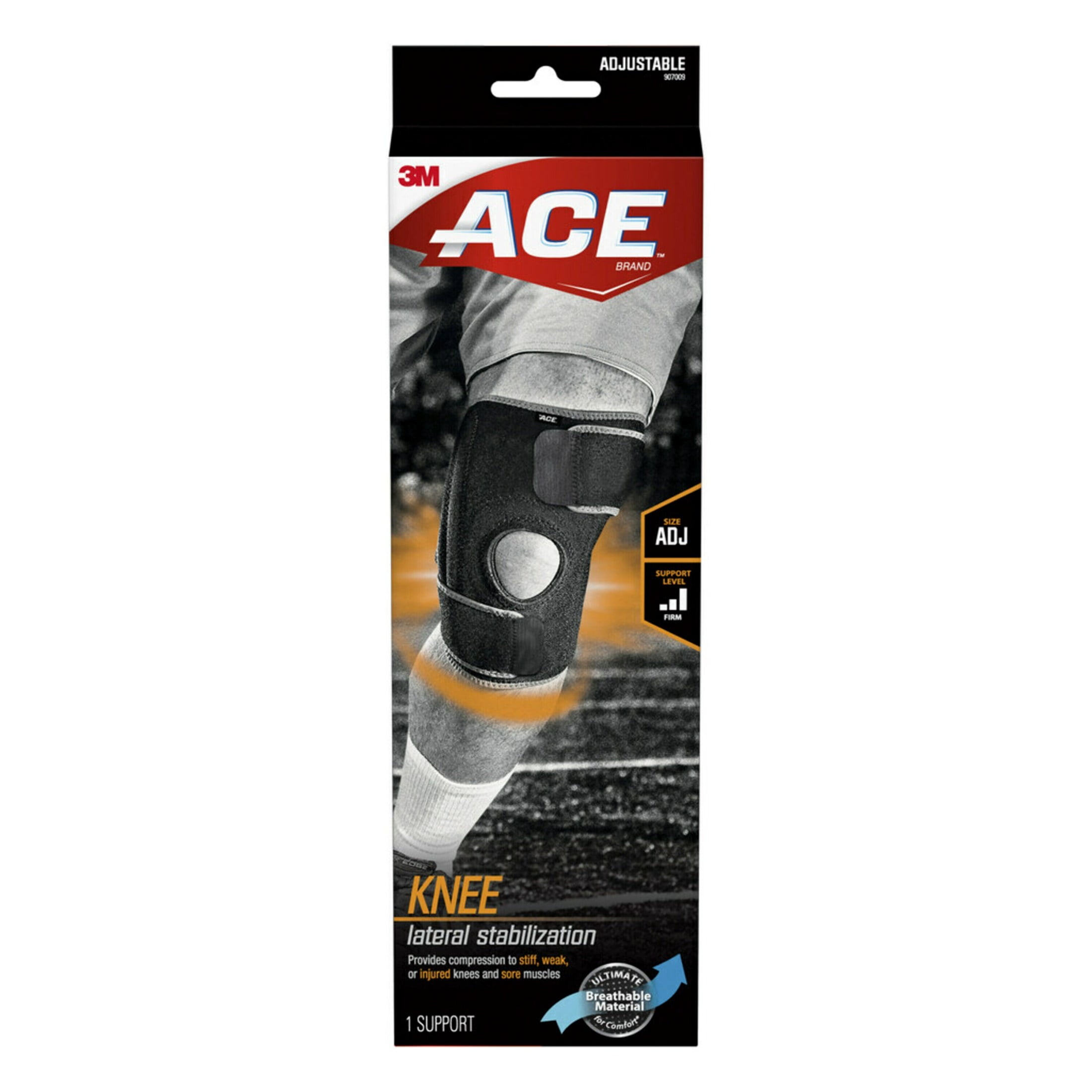(4 pack) ACE Brand Knee Support with Side Stabilizers, Adjustable, Black/Gray, 1 Support