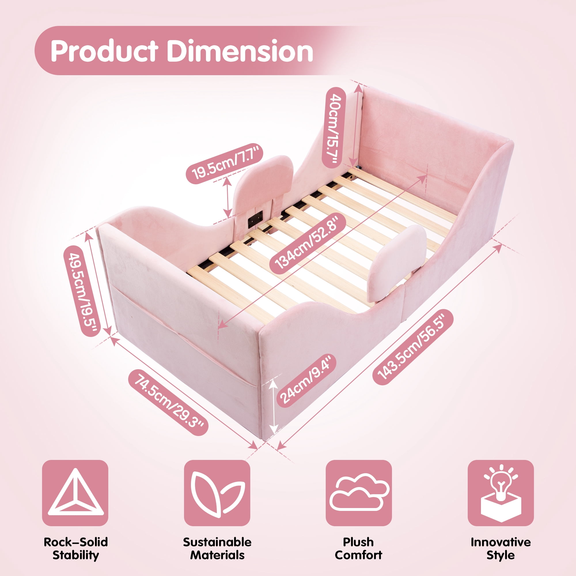 Toddler Bed, Toddler Floor Bed – Low-to-Ground Design with Detachable Guard Rails, Soft Upholstered Transition Bed, Standard Crib Size for kids Ages 1–6 (Pink)