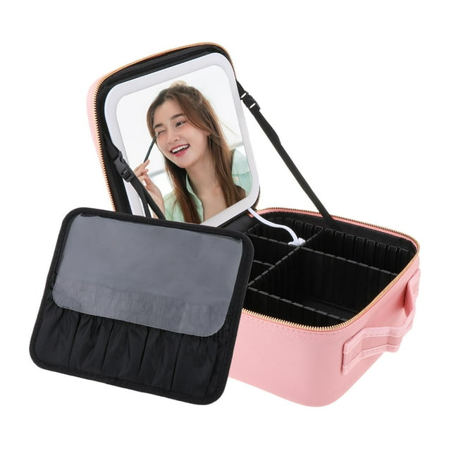 Milaget Travel Makeup Train Case with Mirror and Lights Cosmetic Bag Portable Pink