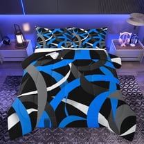 Homewish Abstract Geometric Striped Full Size Comforter Sets,Line Pattern Bedding Comforter Set,Blue Black Bedding Sets For Kids,Super Cozy Room Decor Reversible,3-Piece