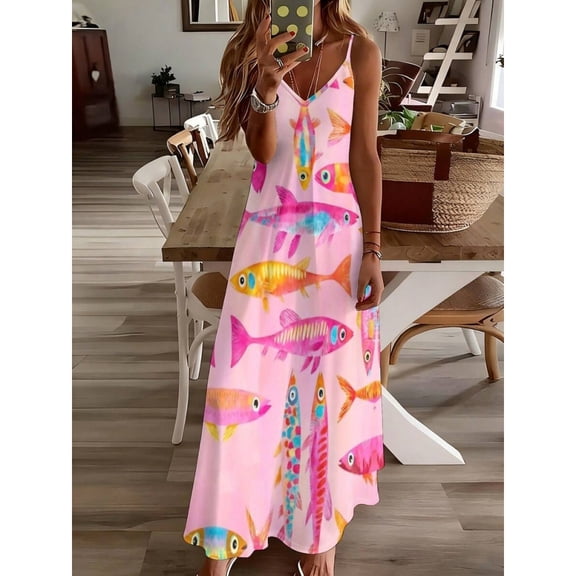 Multicolor Colorful Fish Print V-Neck Spaghetti Strap Maxi Dress For Women