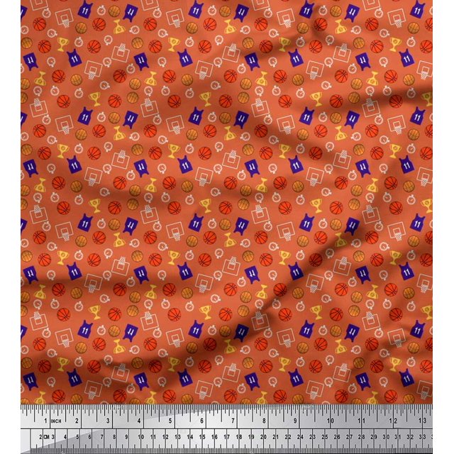 Soimoi Polyester Crepe Fabric Trophy,Timer Clock & Basketball Sports Print Fabric by The Yard 52 Inch Wide