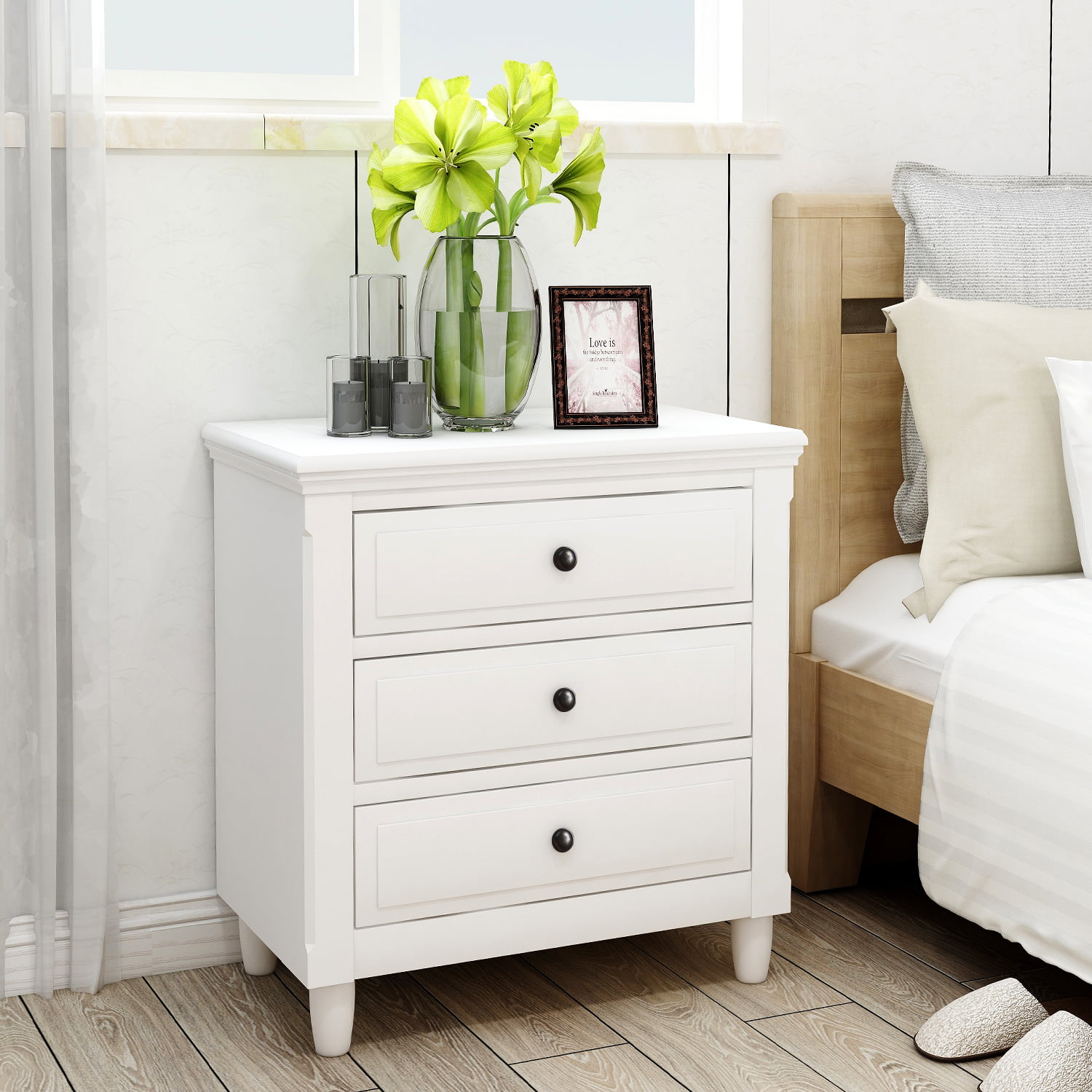 White Three Drawer Bedside Cabinet,Miniature Bedroom Furniture for a Dolls House 