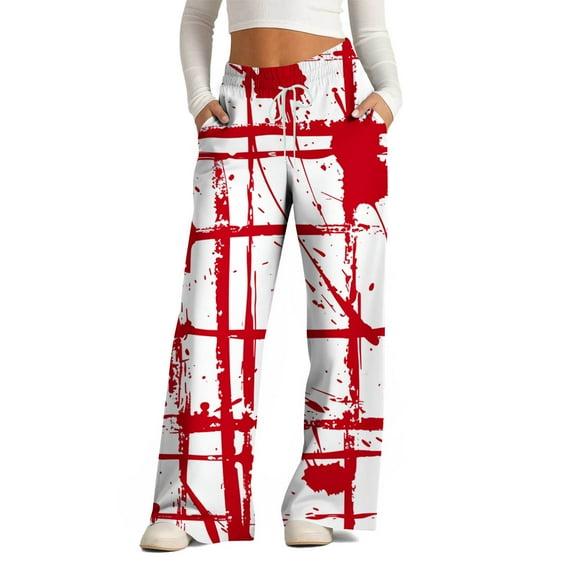 WXLWZYWL Halloween Pants for Women Plus Size Stretch Pants Casual Palazzo Sweatpants Bat Print Drawstring Wide Leg Pant Lounge Elastic Waist Sweatpant with Pockets