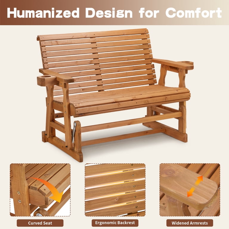 Zimtown 2-Person Wooden Glider Bench, Teak with Cup Holder photo 8