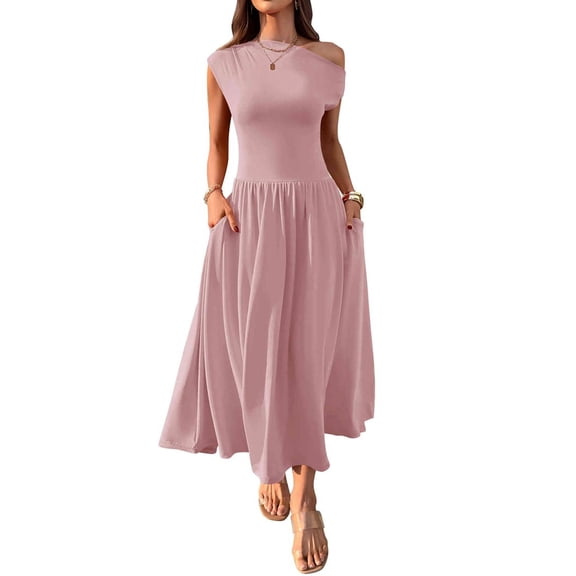 Women'S Summer 2025 Sleeveless Maxi Dress One Shoulder Casual Slim Swing Pleated Formal Dresses with Pockets Pink XL