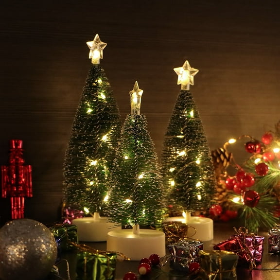 BOPORO Pre Lit Mini Christmas Tree, Set of 3 Small Pine Christmas Trees, Tabletop Bottle Brush Trees Battery Operated for Xmas Gift Holiday Party Home Tree Decor