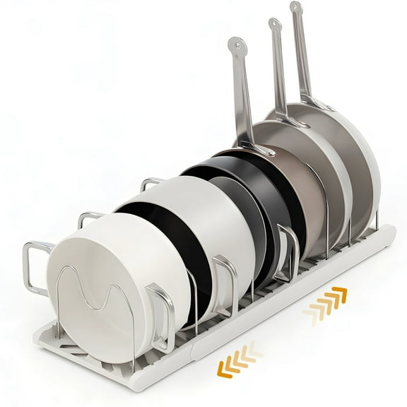 Expandable Pots Pans Organizer Rack, Adjustable Pot Lid Holder with 7 Adjustable Steel Dividers, Cookware Storage Drying Rack for Kitchen Cabinet, Countertop, Baking Pans and Trays