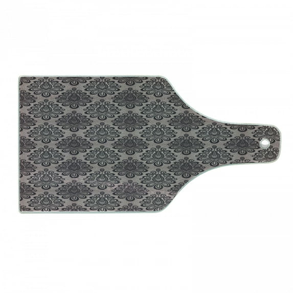 Traditional Cutting Board, Damask Style Grey Motifs with Little Dots and Curly Leaves Vintage Art, Tempered Glass Cutting and Serving Board, Wine Bottle Shape, Mauve Charcoal Grey, by Ambesonne