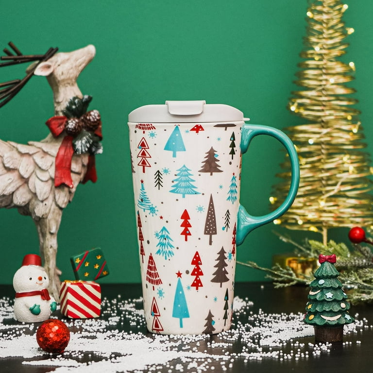 Christmas Ceramic Travel Mug with Color Gift Box,Coffee Cup 17 Oz