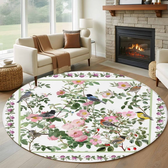 Pink Spring Floral Round Area Rug 5Ft Washable Circle Rugs for Living Room Bedroom, Elegant Pastoral Flowers Birds Watercolor Non-Slip Carpet Floor Mats Indoor Outdoor Carpet Runner Home Decor