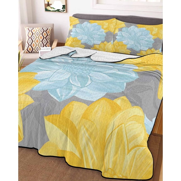 Yellow Teal Floral Spring Full Size Down Alternative Comforter, Lightweight Comforter Quilt Bedding Set with Pillow Shams Pastoral Summer Botanical All Seasons Bed Comforter Duvet Insert 78"x90"