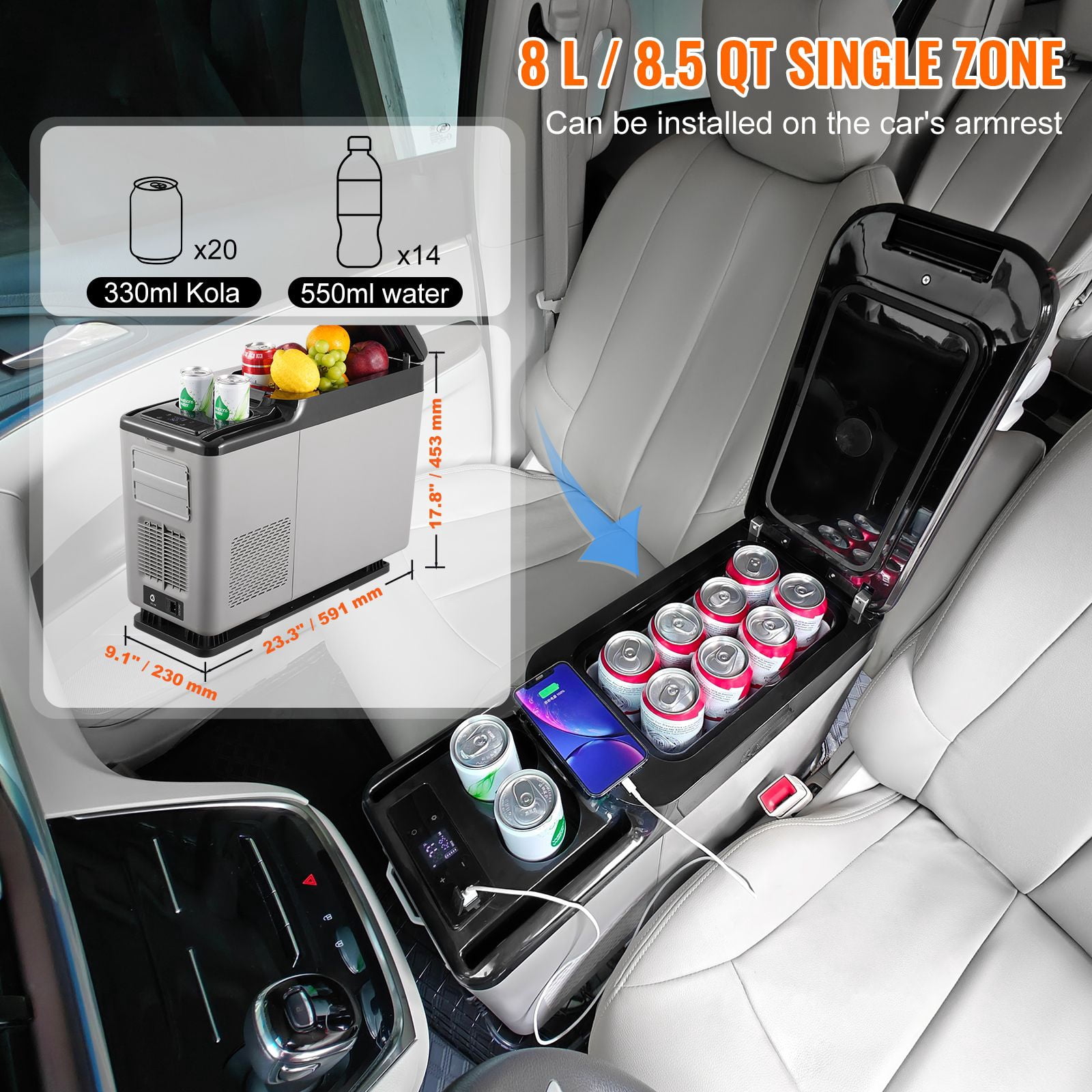 Car Refrigerator, 12 Volt Car Armrest Refrigerator Fridge, 15 L Single Zone Portable Freezer, -4-68 F Adjustable Range, 12/24V DC and 100-240V AC Compressor Cooler for Outdoor, Camping