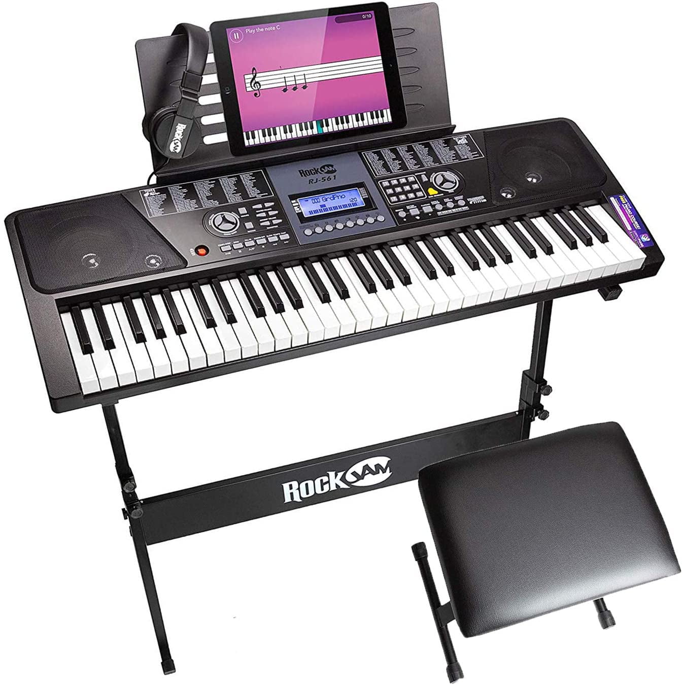 RockJam 61 Tasten Keyboard Klavierset mit Digitalklavierbank Elektro-Klavierständer Kopfhörern Klaviernoten-Sticker & Simply Piano Übungen 