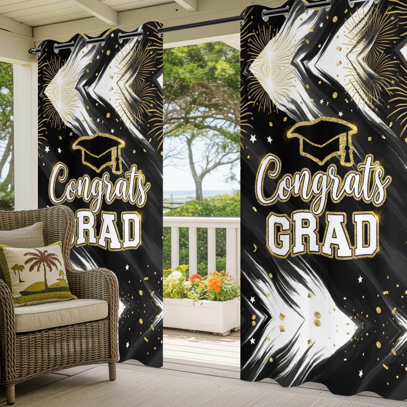 Graduation Cap Outdoor Curtains for Patio, Modern Black Gold Firework Glitter Star Sunshade Privacy Drapes Grommet Waterproof Outside Curtains for Porch/Cabana/Balcony 54"x 108", 1 Panel
