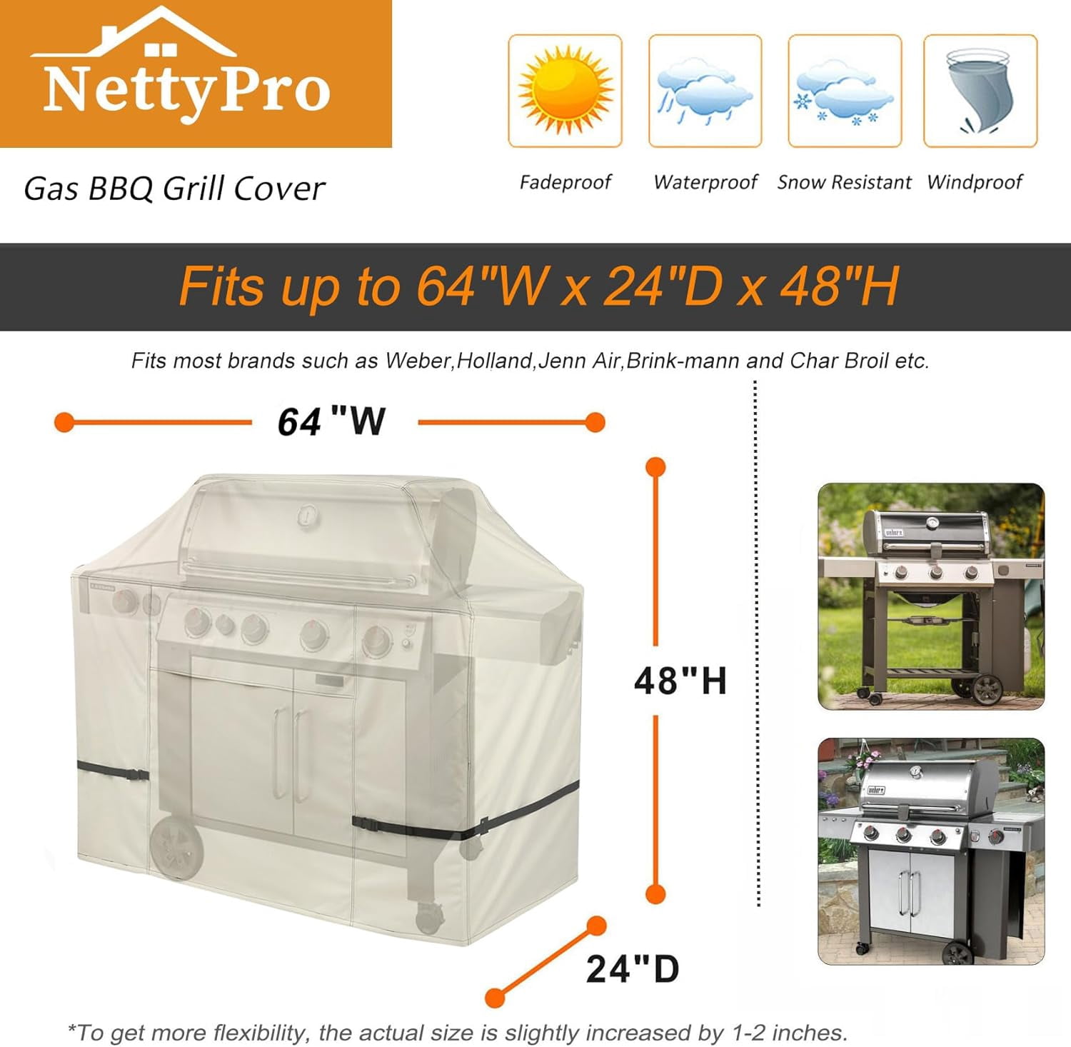 Gas Grill Covers Heavy Duty Waterproof 64 Inch Outdoor BBQ Cover 2-3 Burner Barbecue Cover for Weber, Char-Broil, Brinkmann, Nexgrill Grills and More, Beige
