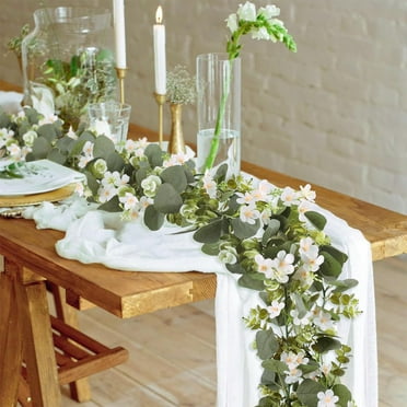 Holloyiver Eucalyptus Garland with White Flowers, 5.9Ft Artificial Eucalyptus Leaves Plant Fake Greenery Hanging Ivy Vines Faux Wreath for Wedding Arch Party Mantle Table Home Decor