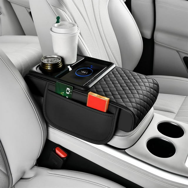Car Armrest Riser Pad with Wireless Charging, Nappa Leather Console Organizer, Dual Cup Holders, Side Pocket Storage for Enhanced Driving Comfort & Phone Power