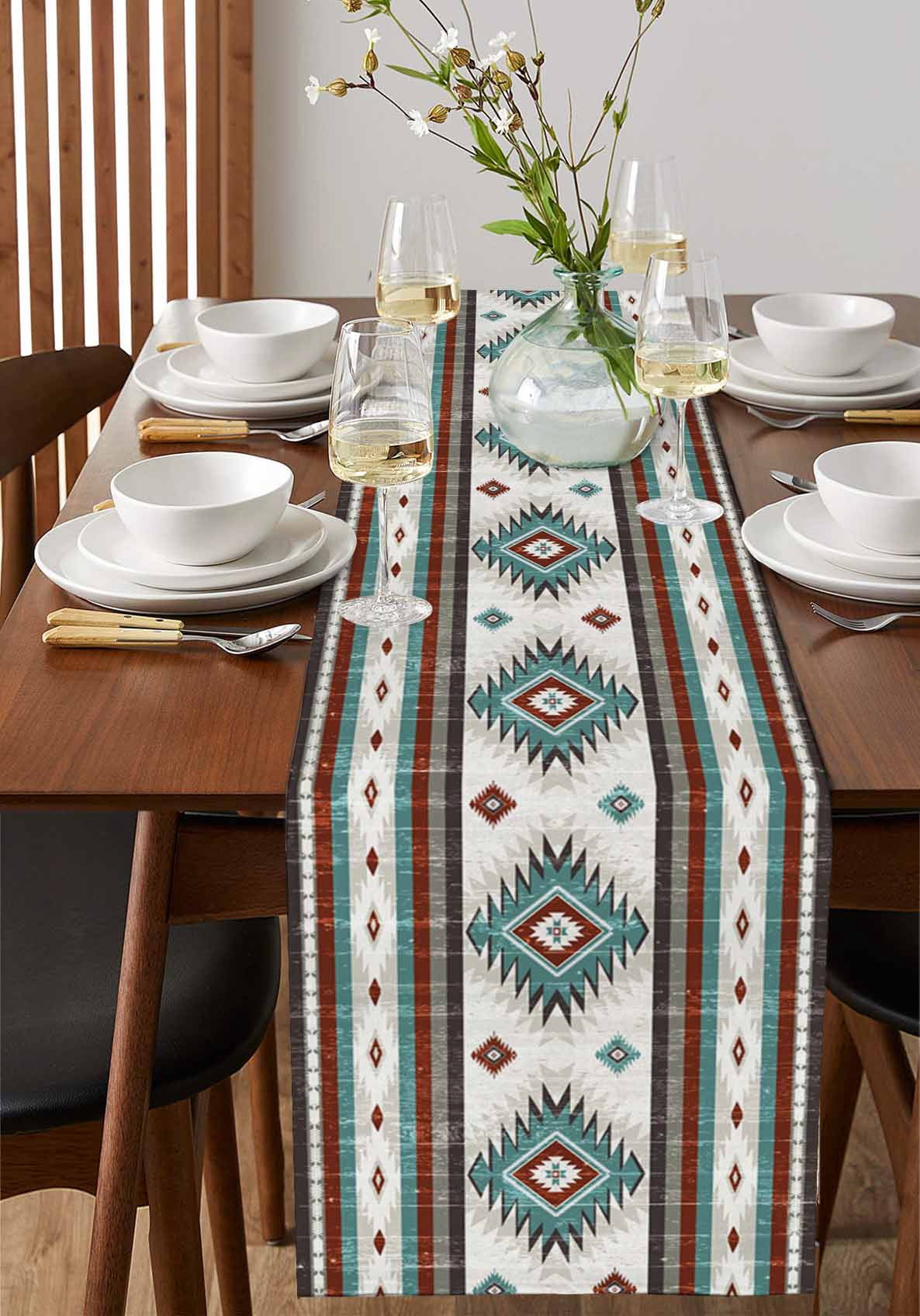 Turquoise Brown Burlap Cotton Table Runner 16x72 Inches Long, Southwestern Stripe Western Rustic Aztec Farmhouse Table Runners, Outdoor Dining Tablecloths Decor for Baby Shower/Party/Wedding