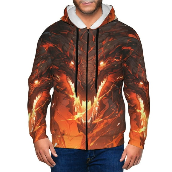 Kdxio Magma Fire Black Dragon Print Men Hoodies Casual Hoodies for Men with Zip Pockets Full Zip Long Sleeve Sweatshirt Sports Hooded Jacket-Small
