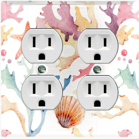 Metal Light Switch Wall Plate Outlet Cover (Colorful Ocean Sea Coral Reef Shell Clam White - Double Duplex)
