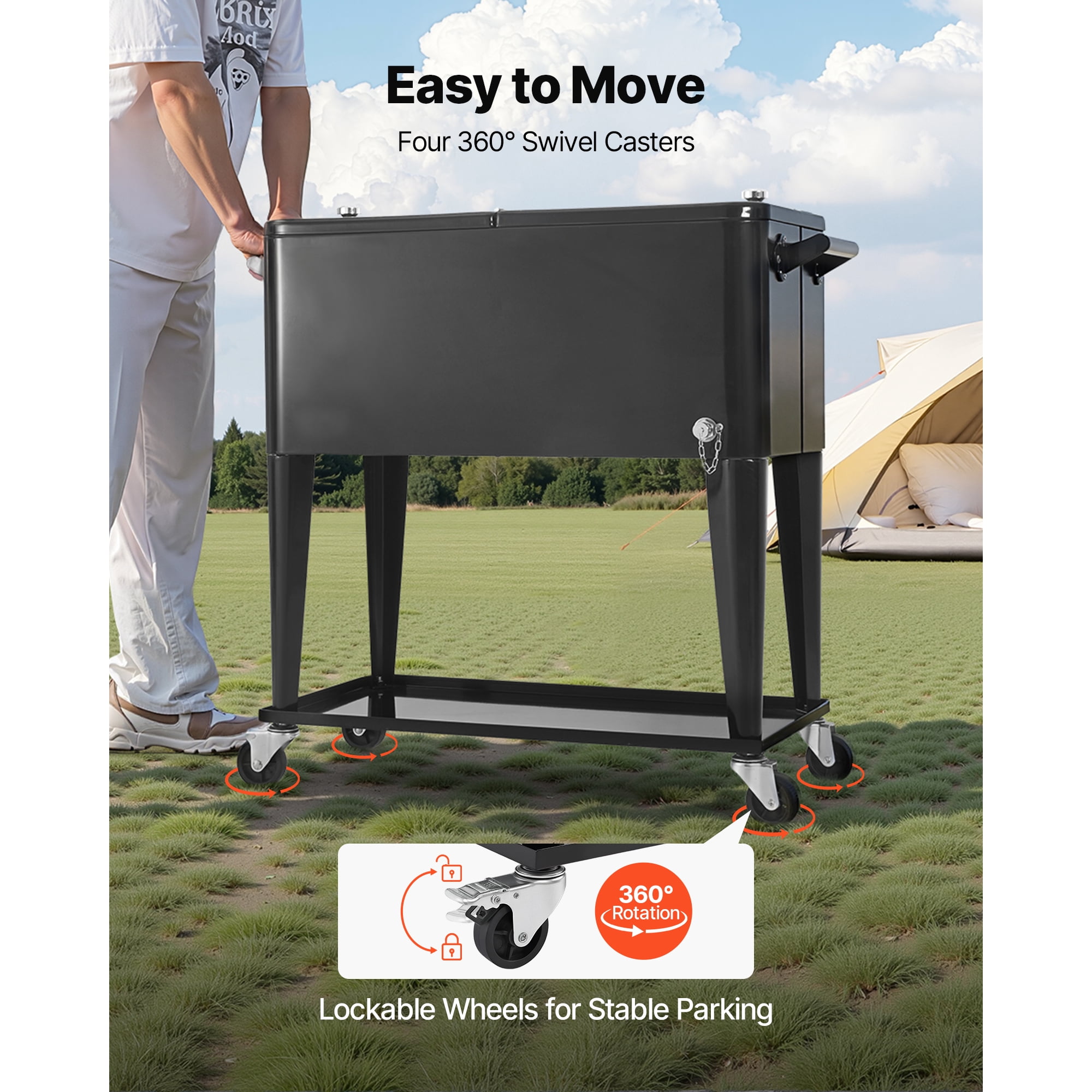 KFFKFF 80 Quart Rolling Ice Chest, Accommodates 50 Bottles or 110 Cans, Mobile Outdoor Party Drink Cooler with Lower Shelf, Beverage Storage with Side Basket and Built-in Bottle Opener, Black