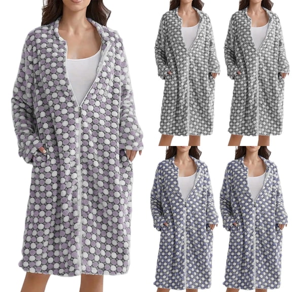 Flannel Zip-Up Robes For Women, Polka Dot Long Sleeve Housecoat, Ladies Winter Warm Fleece Mid Bathrobe S-XL