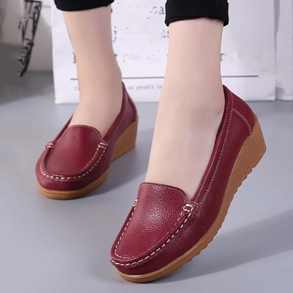 DIVVce Leather Wedge Loafers For Women Closed Toe Slip On Comfort Casual Office Footwear