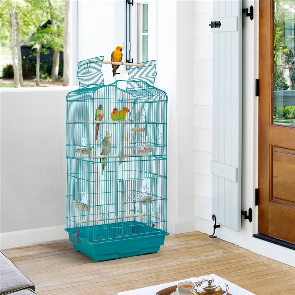 Alden Design Large 41" Metal Bird Cage with Play Top for Parakeets and Lovebirds, Teal Blue