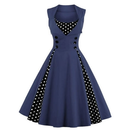 Plus Size Womens 50s 60s Vintage Retro Dress Swing Rockabilly Evening Cocktail Party Skirt V Neck Sleeveless