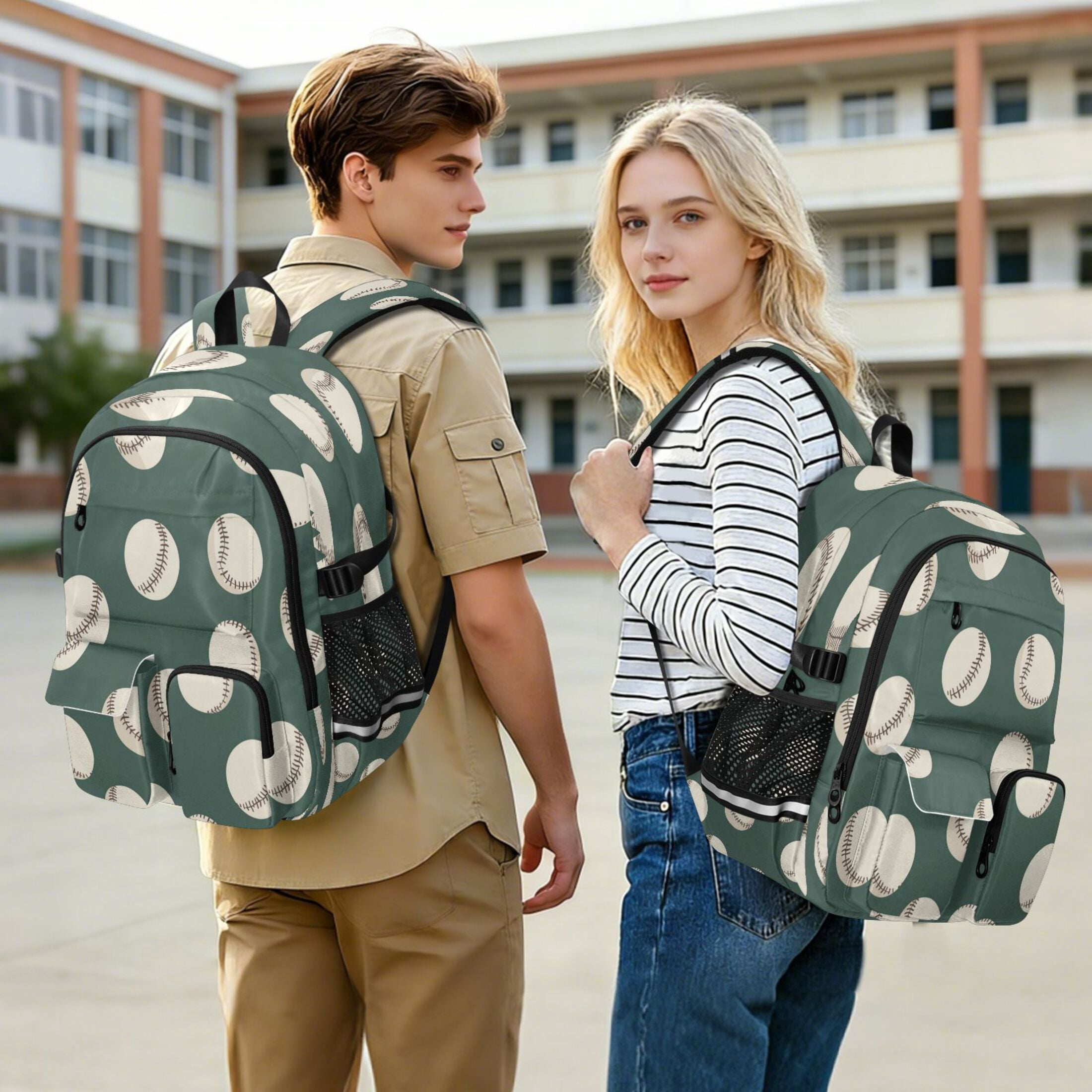 30L Backpack Durable Computer Bag for College & Travel Lightweight Daypack Fits 15.6" Laptop Green Baseball Pattern